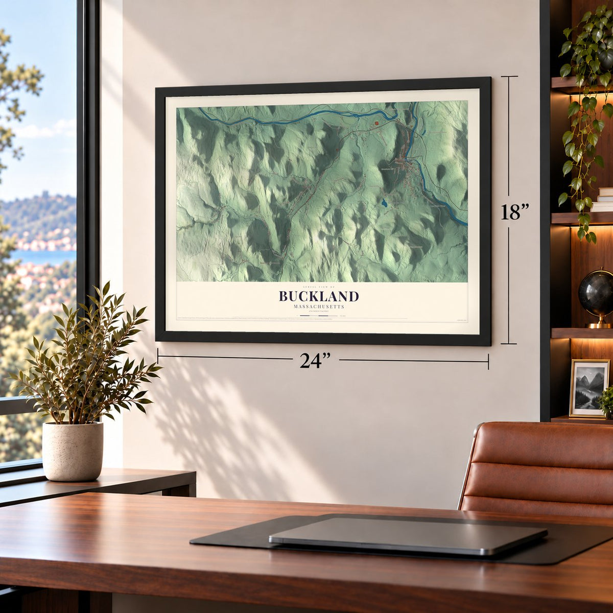 Buckland, Massachusetts map, 18 x 24 inch print in a black frame in a home office