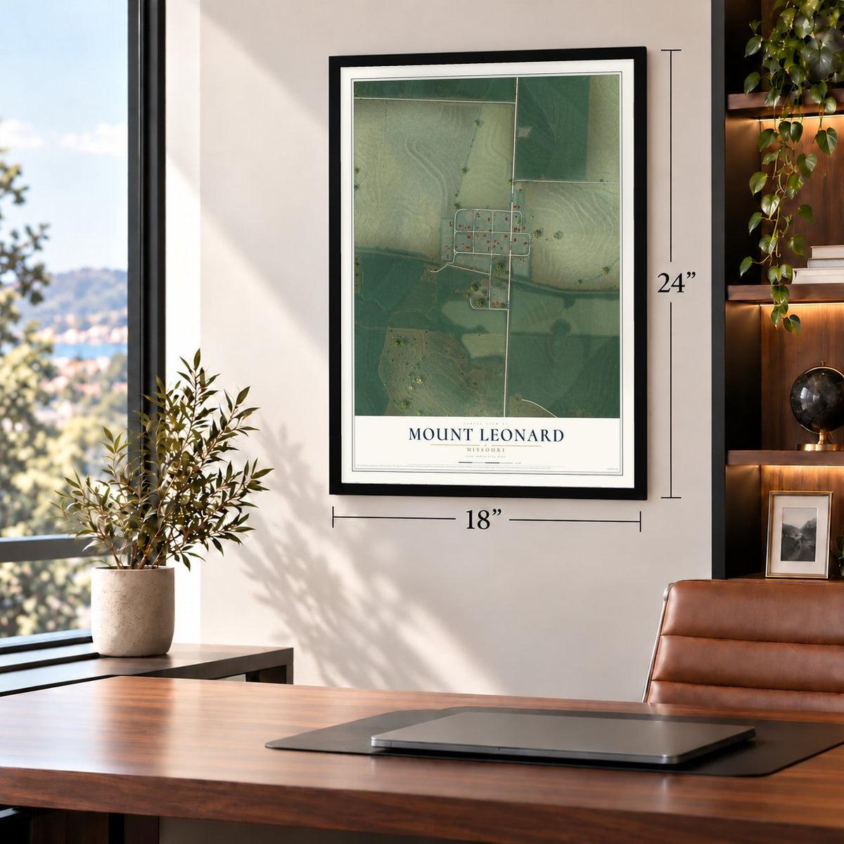 Mount Leonard, Missouri map, 18 x 24 inch print in a black frame in a home office