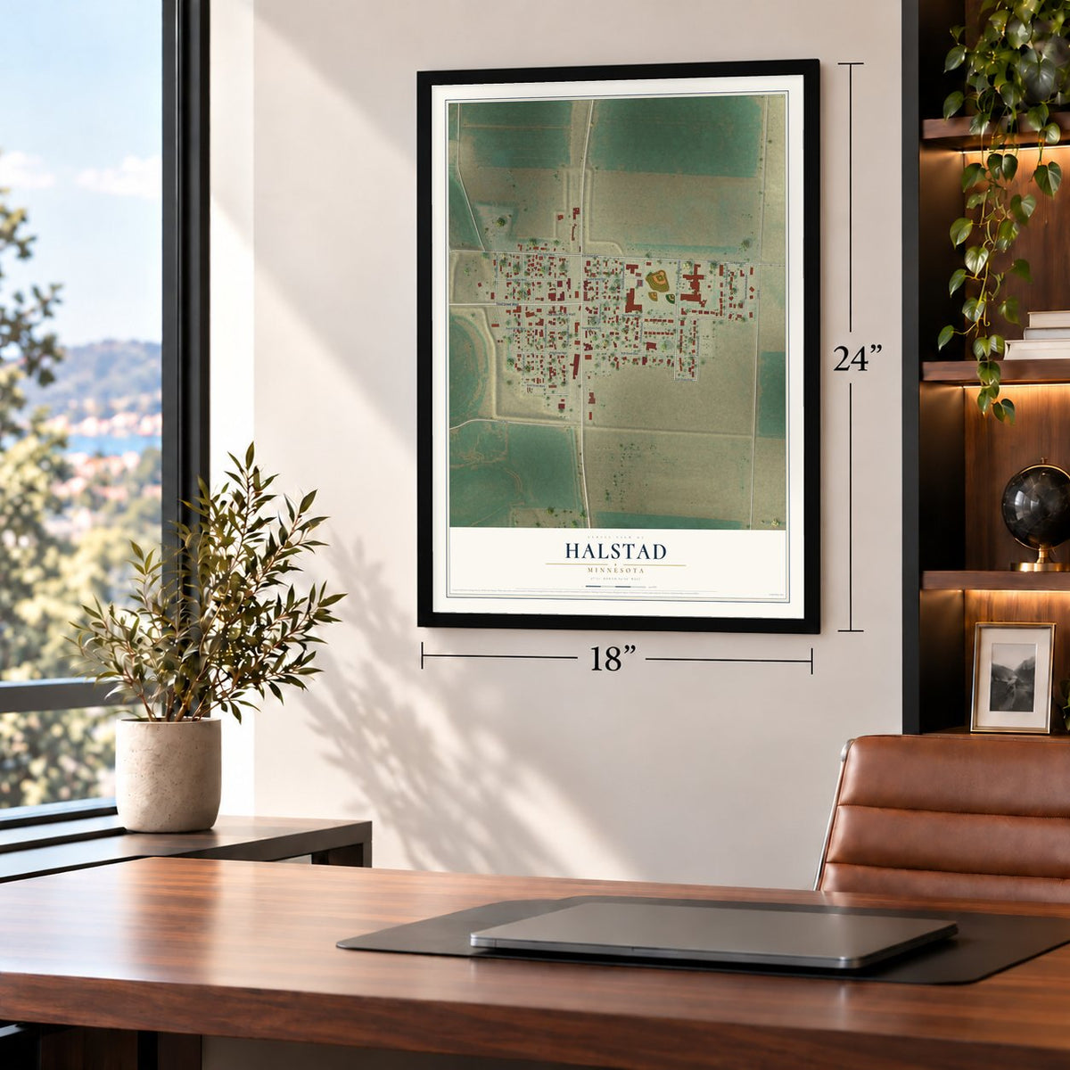 Halstad, Minnesota map, 18 x 24 inch print in a black frame in a home office