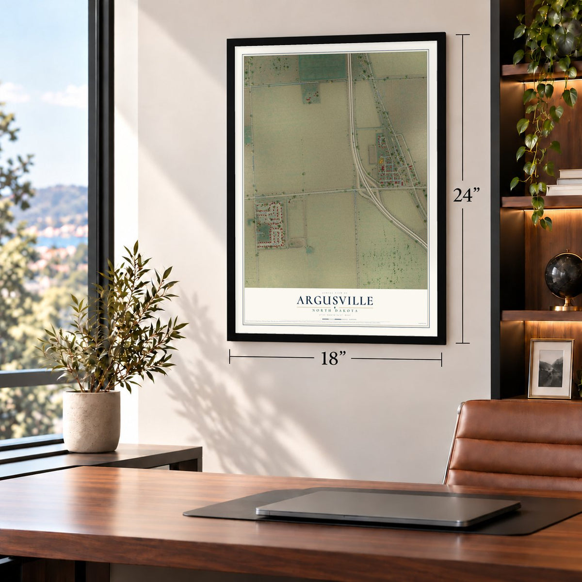 Argusville, North Dakota map, 18 x 24 inch print in a black frame in a home office