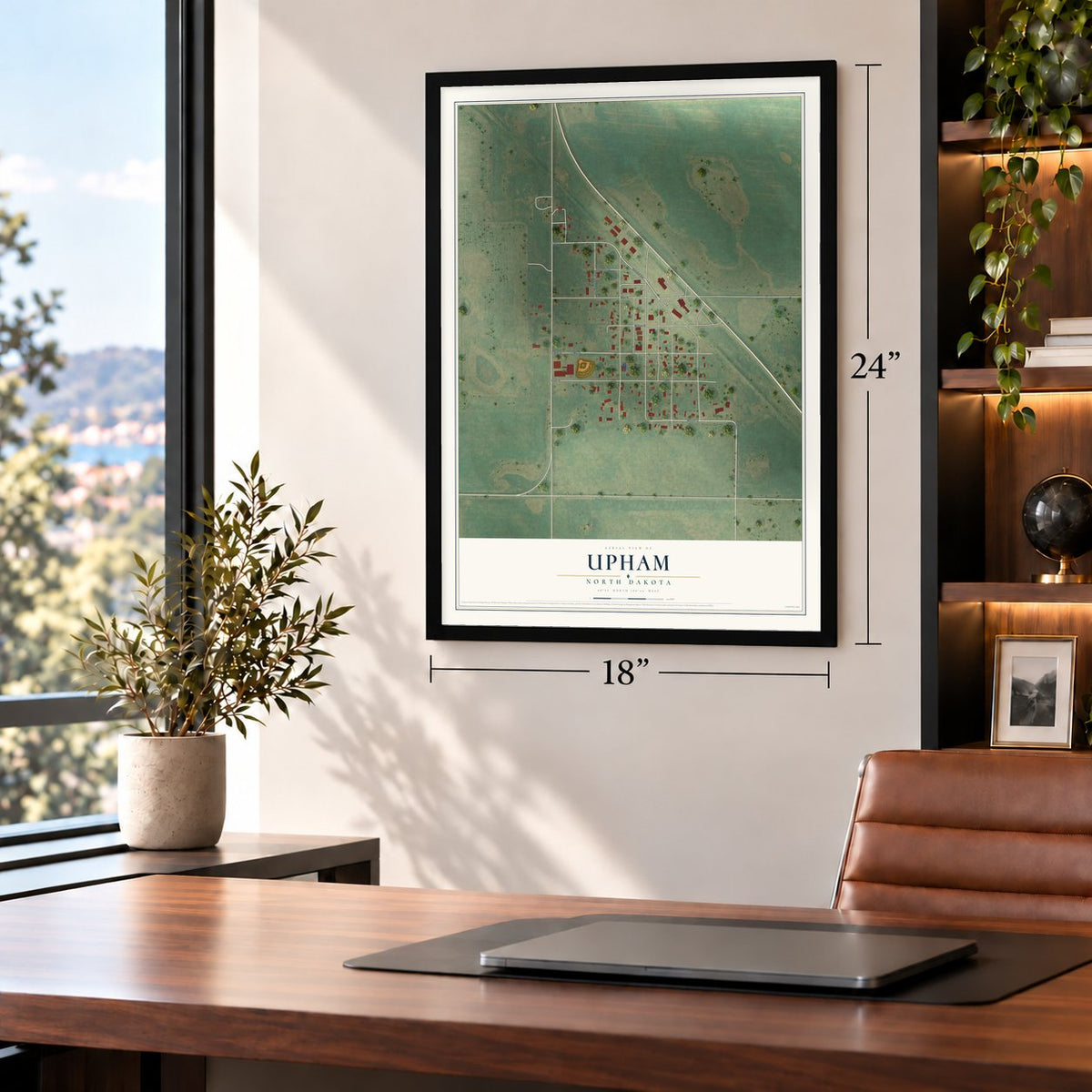 Upham, North Dakota map, 18 x 24 inch print in a black frame in a home office