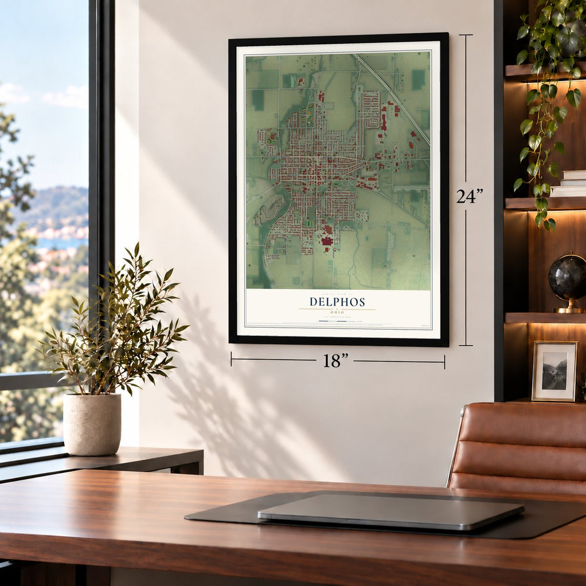 Delphos, Ohio map, 18 x 24 inch print in a black frame in a home office