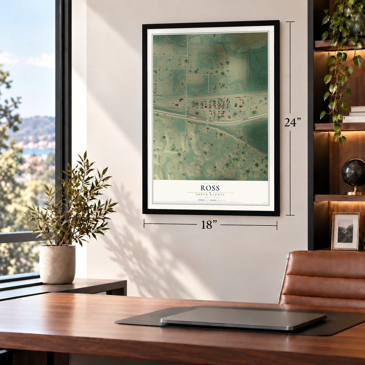 Ross, North Dakota map, 18 x 24 inch print in a black frame in a home office