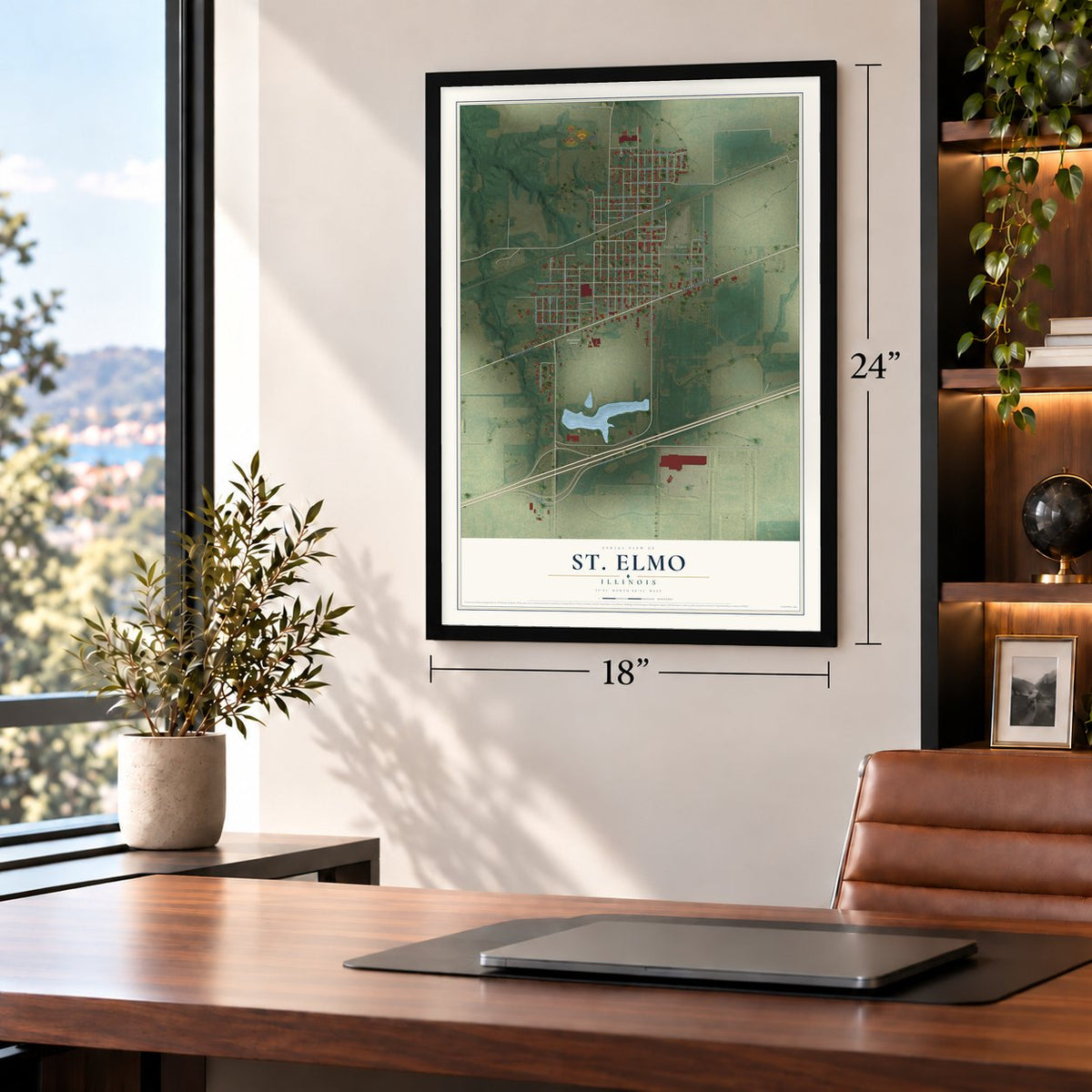 St. Elmo, Illinois map, 18 x 24 inch print in a black frame in a home office
