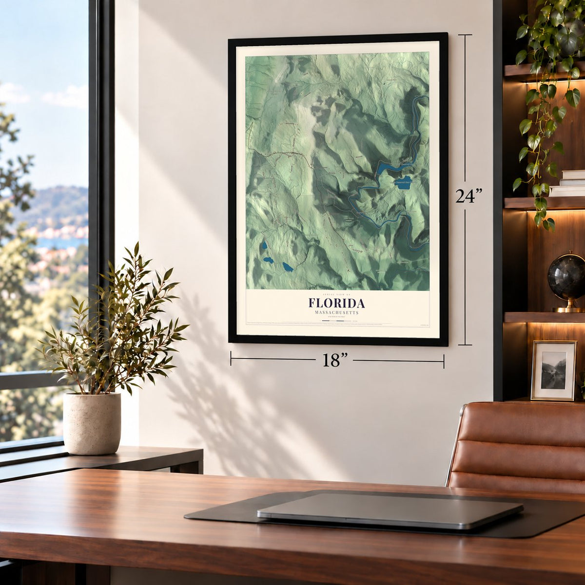 Florida, Massachusetts map, 18 x 24 inch print in a black frame in a home office