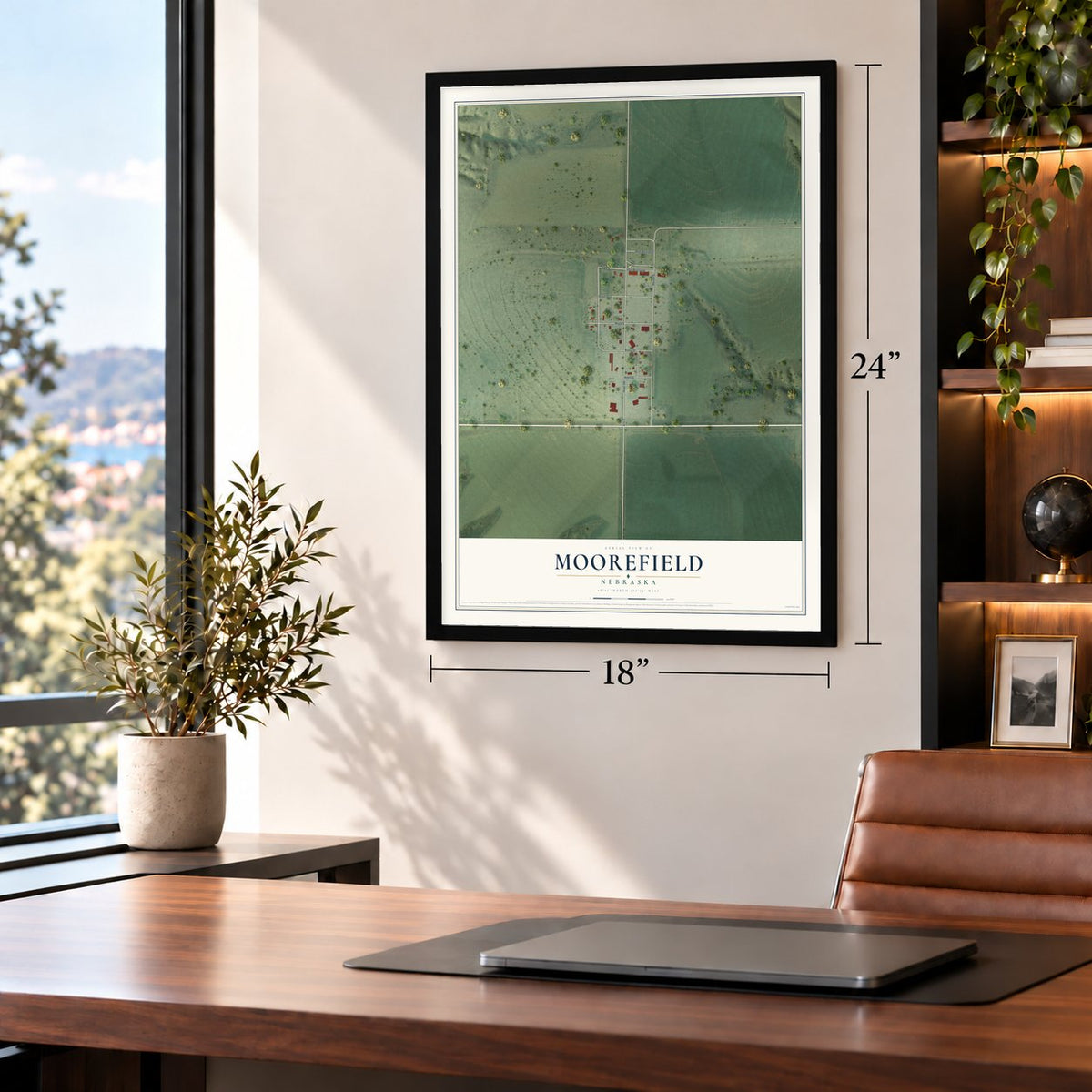 Moorefield, Nebraska map, 18 x 24 inch print in a black frame in a home office