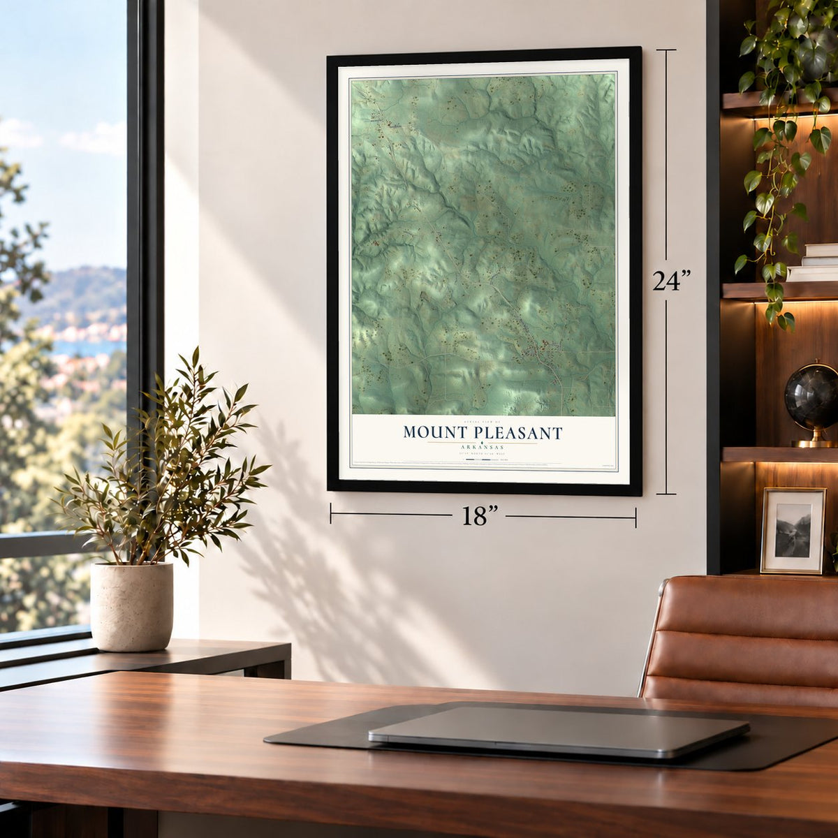 Mount Pleasant, Arkansas map, 18 x 24 inch print in a black frame in a home office