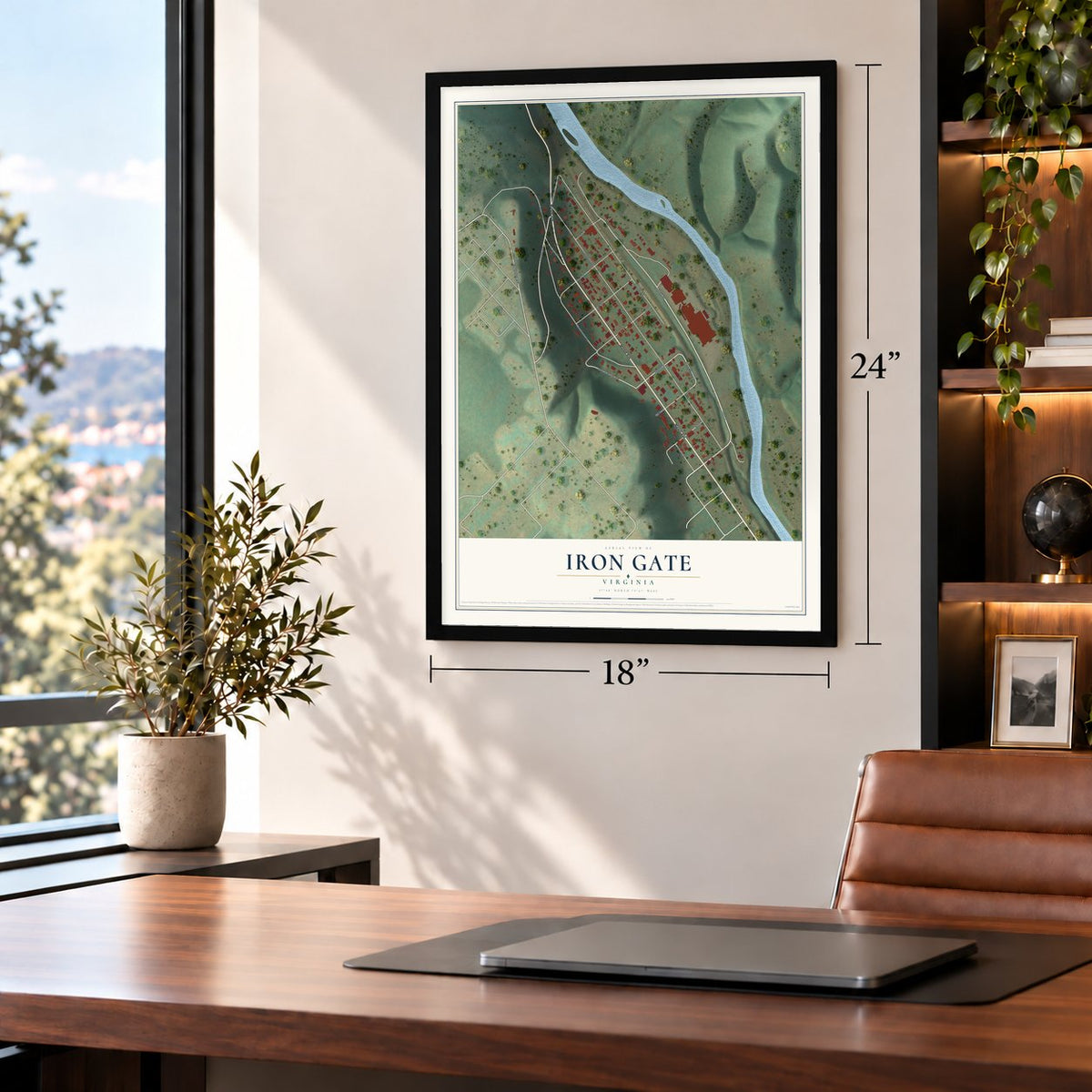 Iron Gate, Virginia map, 18 x 24 inch print in a black frame in a home office