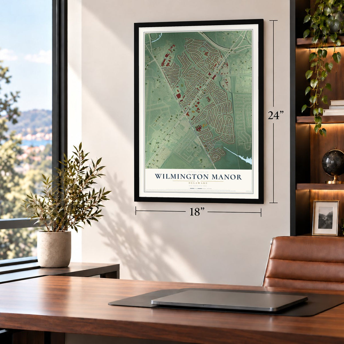 Wilmington Manor, Delaware map, 18 x 24 inch print in a black frame in a home office