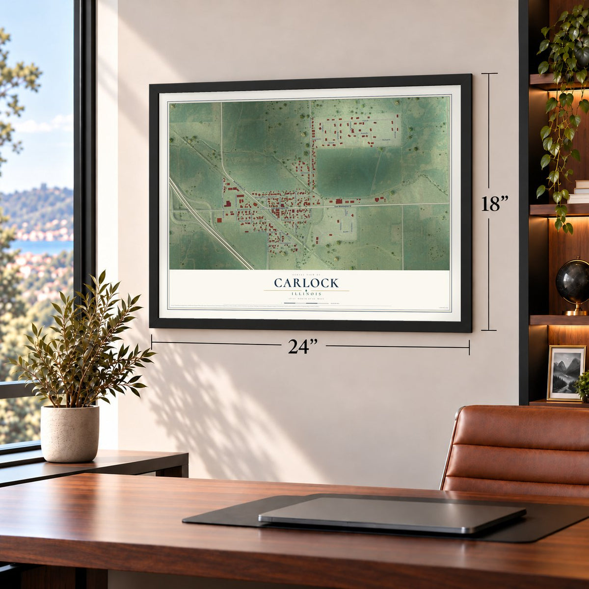 Carlock, Illinois map, 18 x 24 inch print in a black frame in a home office