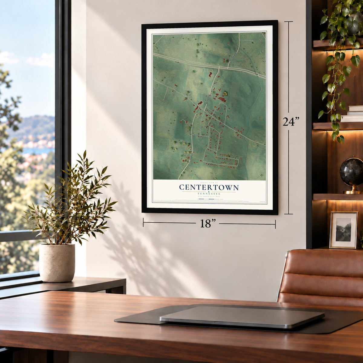 Centertown, Tennessee map, 18 x 24 inch print in a black frame in a home office