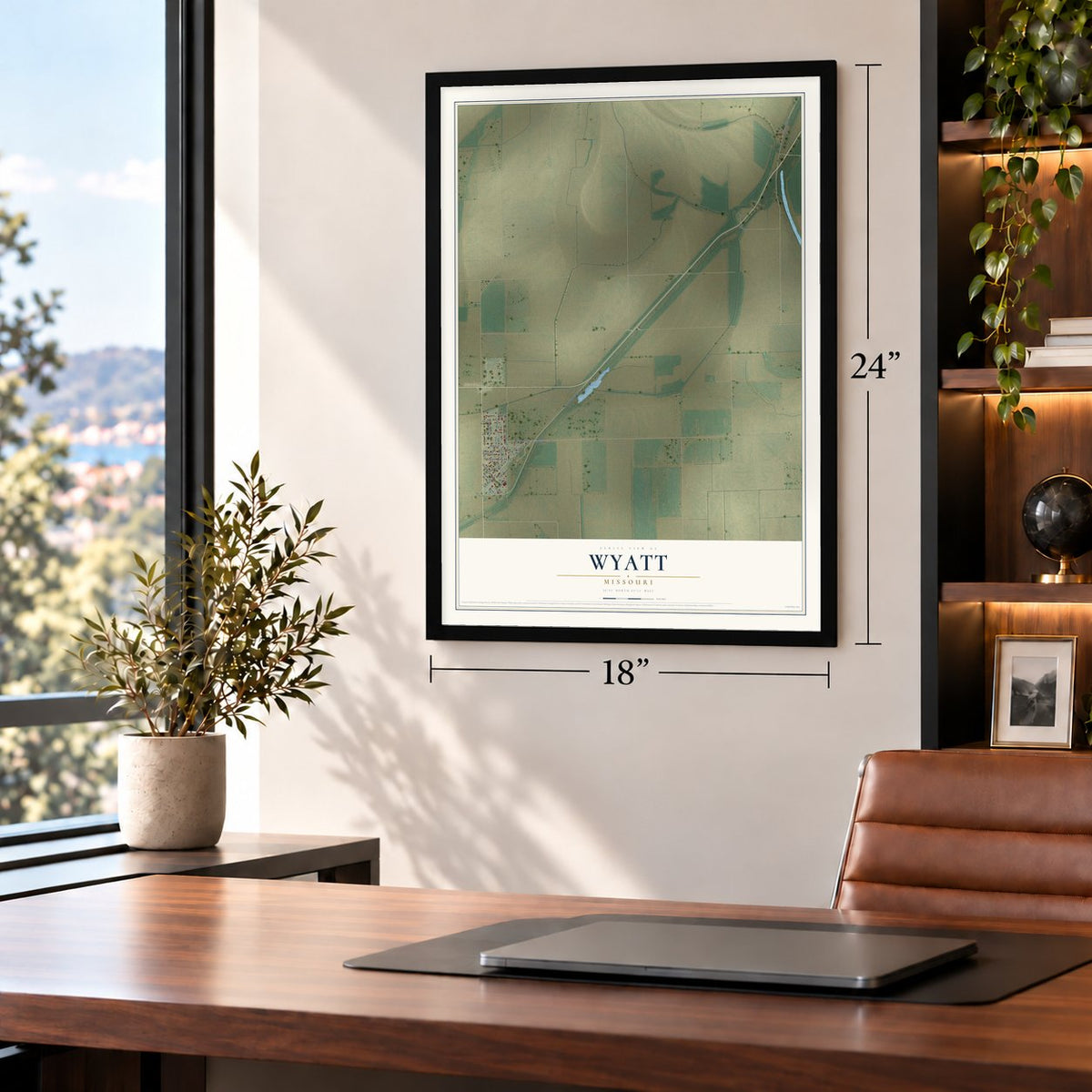 Wyatt, Missouri map, 18 x 24 inch print in a black frame in a home office