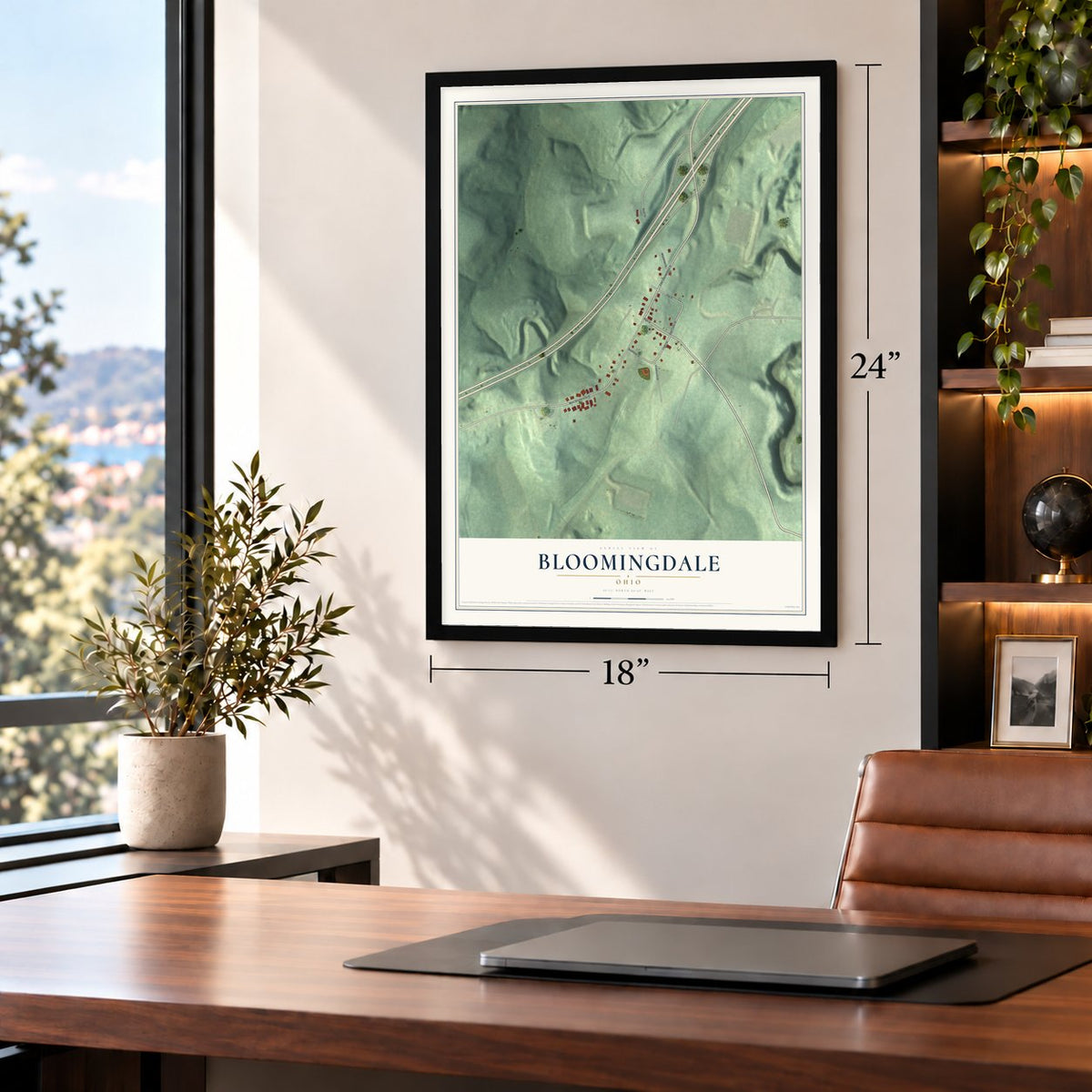 Bloomingdale, Ohio map, 18 x 24 inch print in a black frame in a home office