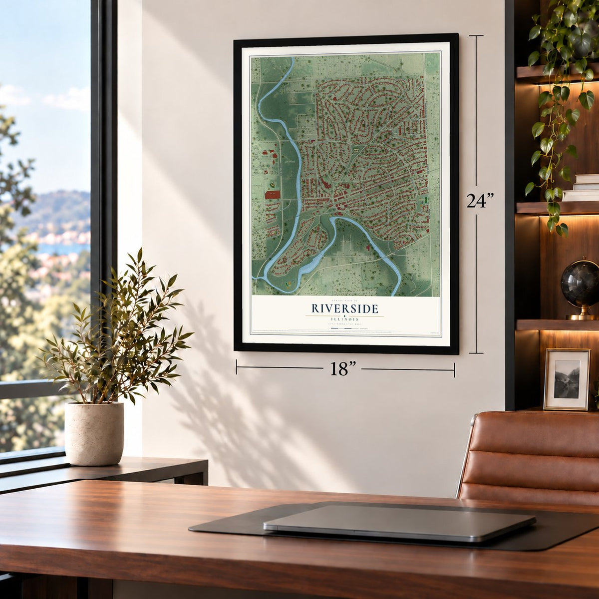 Riverside, Illinois map, 18 x 24 inch print in a black frame in a home office