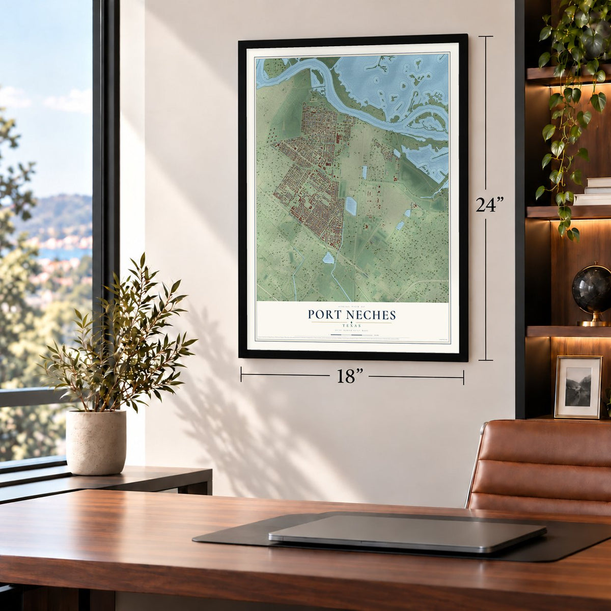Port Neches, Texas map, 18 x 24 inch print in a black frame in a home office