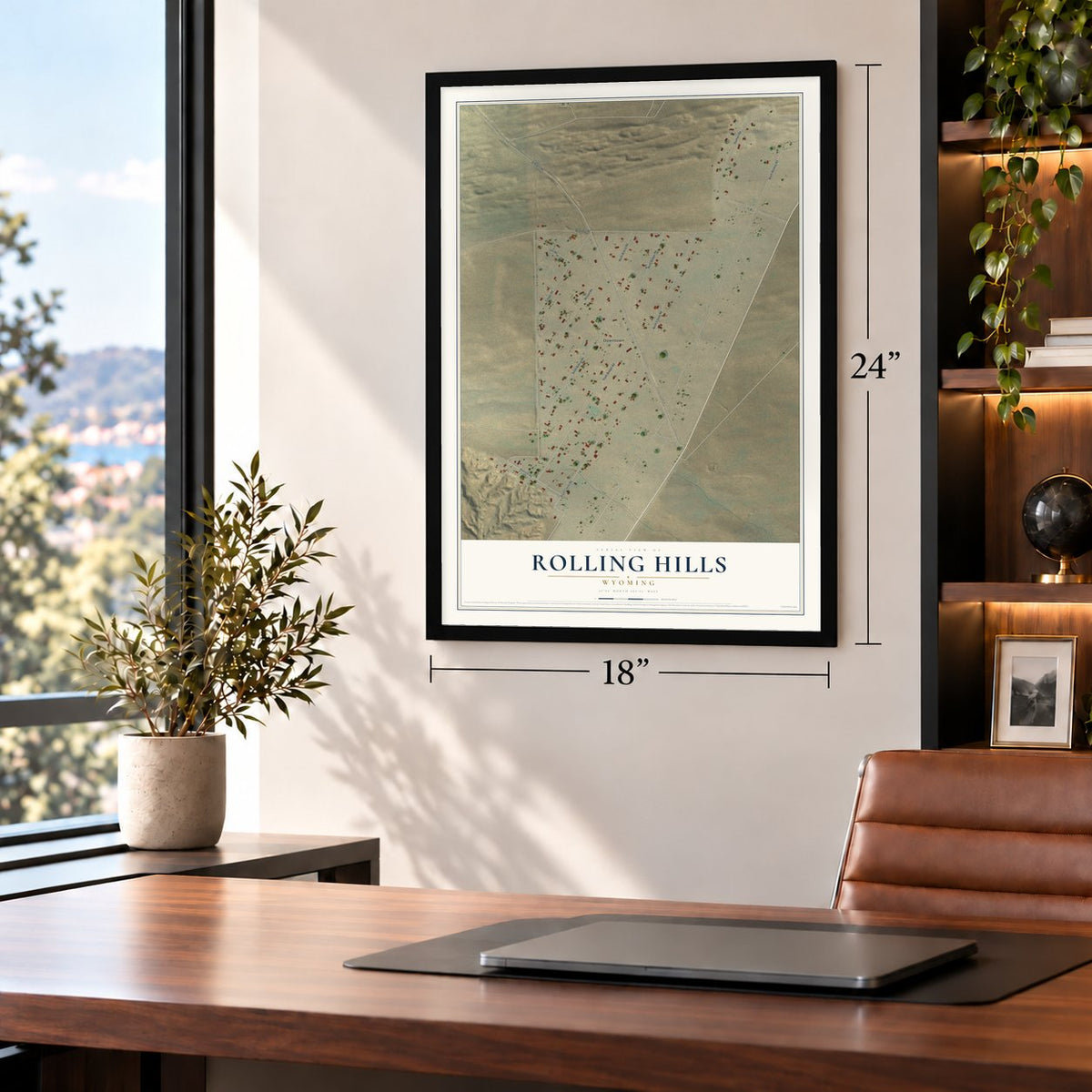 Rolling Hills, Wyoming map, 18 x 24 inch print in a black frame in a home office
