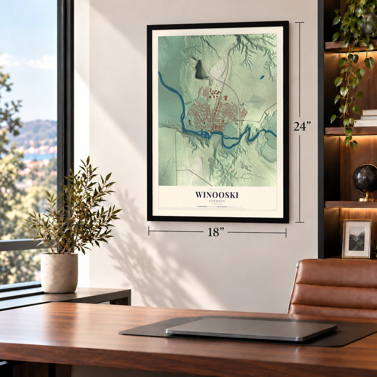 Winooski, Vermont map, 18 x 24 inch print in a black frame in a home office