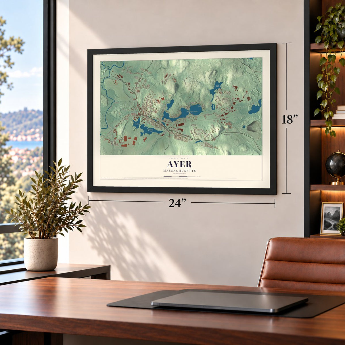 Ayer, Massachusetts map, 18 x 24 inch print in a black frame in a home office