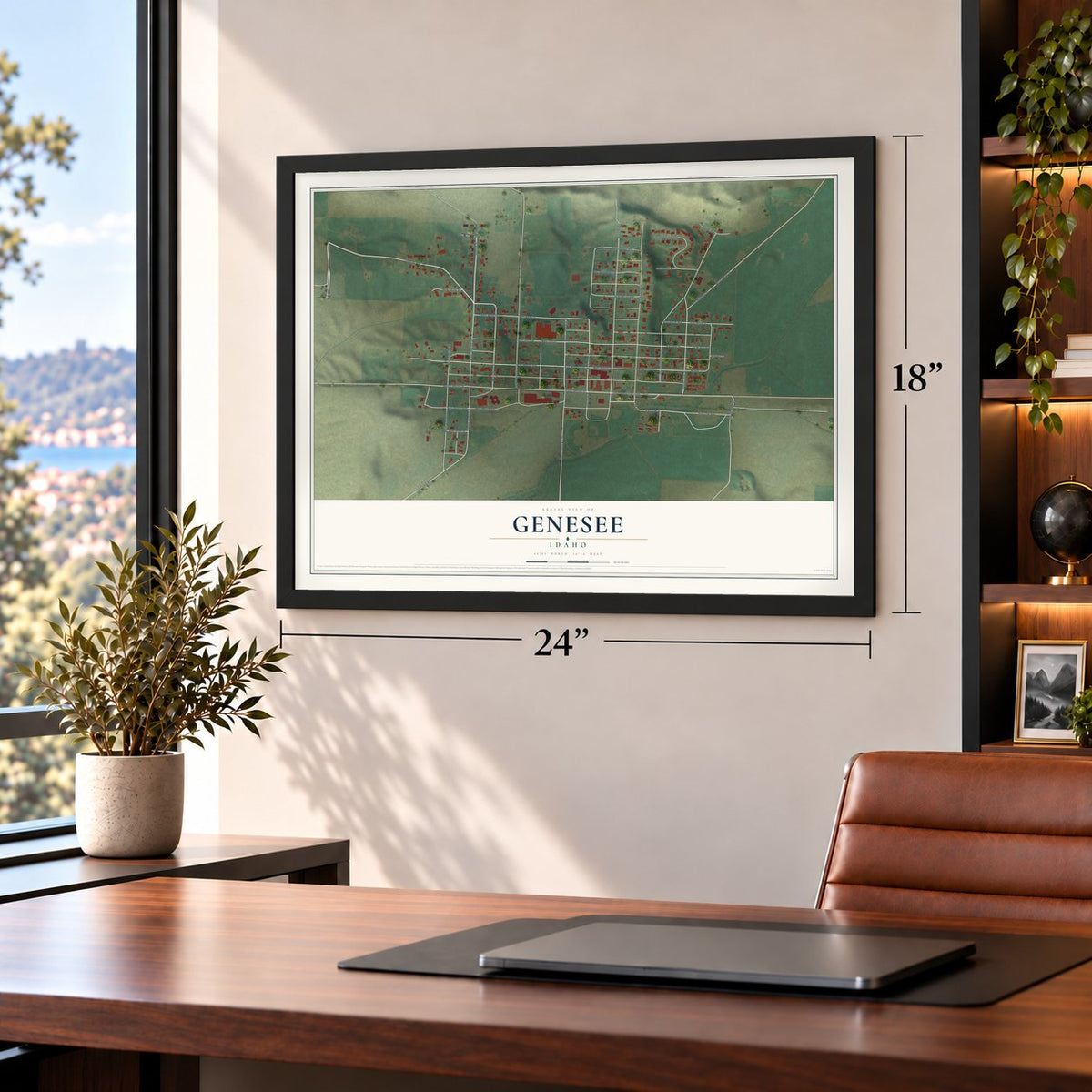 Genesee, Idaho map, 18 x 24 inch print in a black frame in a home office