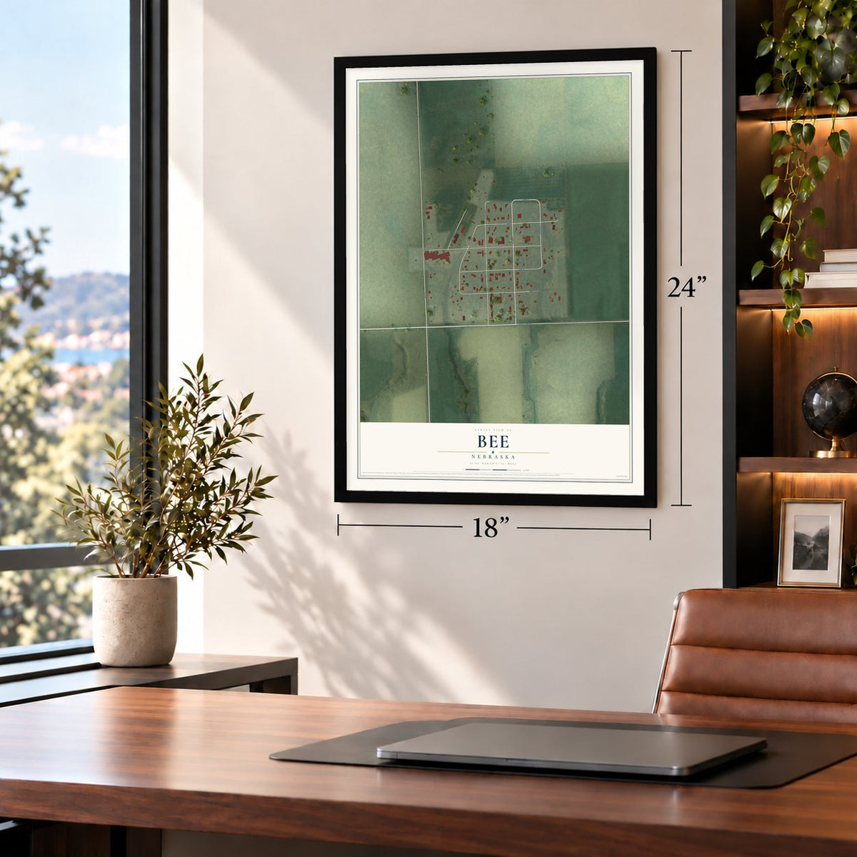 Bee, Nebraska map, 18 x 24 inch print in a black frame in a home office
