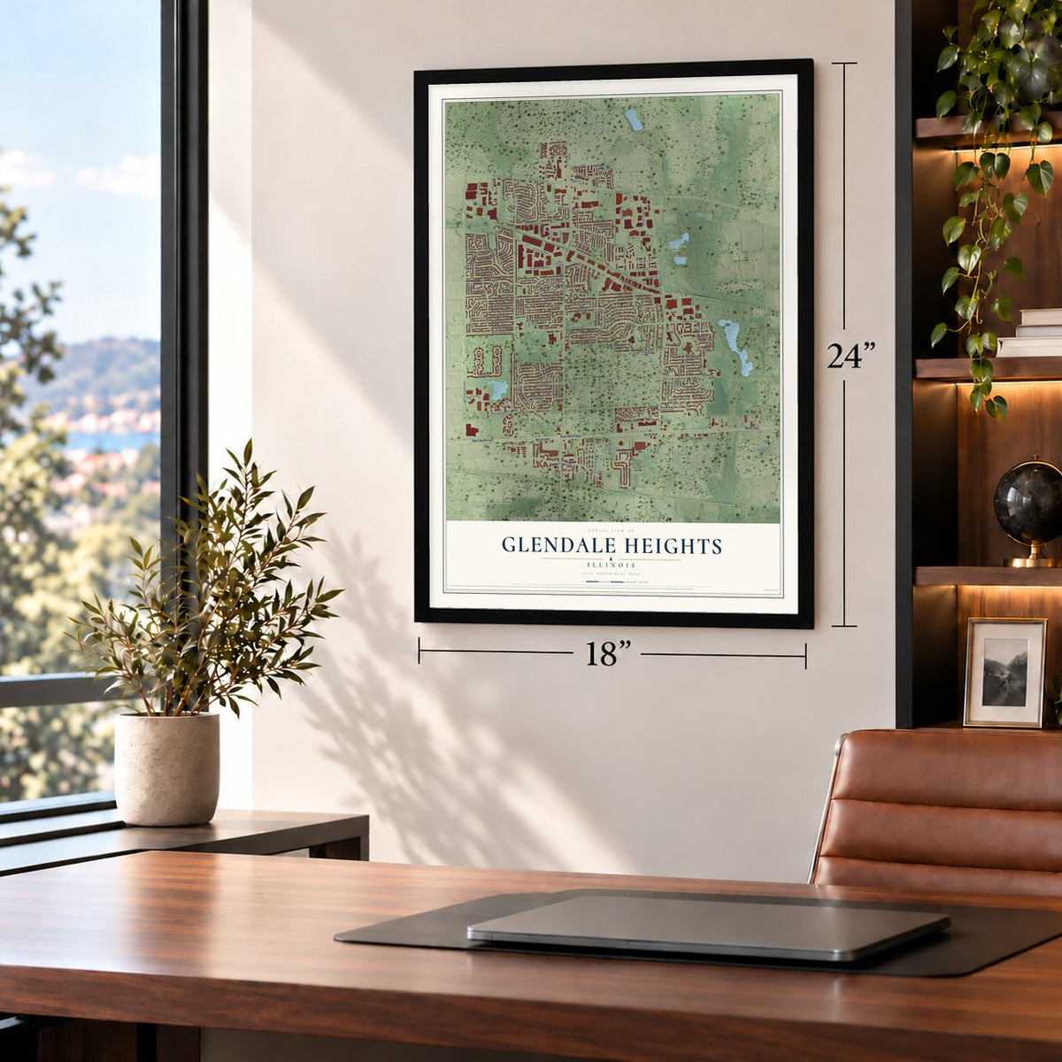 Glendale Heights, Illinois map, 18 x 24 inch print in a black frame in a home office