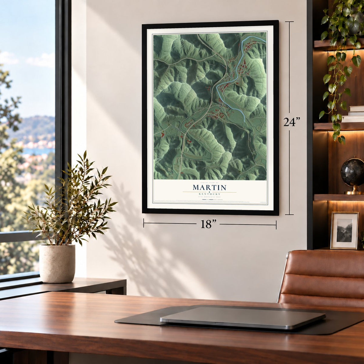 Martin, Kentucky map, 18 x 24 inch print in a black frame in a home office
