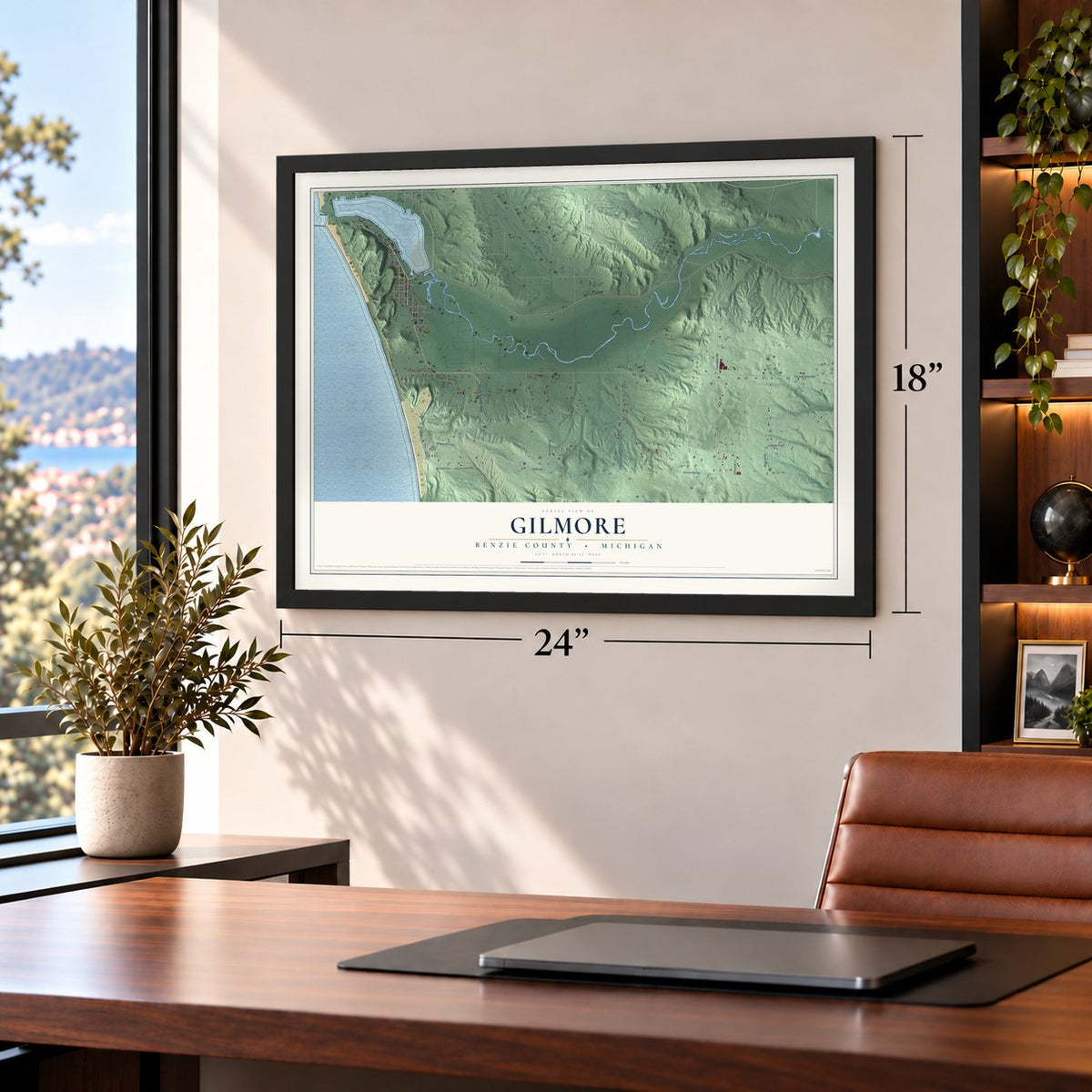 Gilmore, Benzie County, Michigan map, 18 x 24 inch print in a black frame in a home office