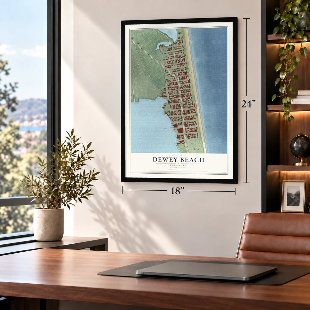 Dewey Beach, Delaware map, 18 x 24 inch print in a black frame in a home office