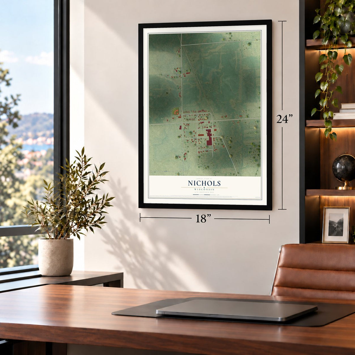 Nichols, Wisconsin map, 18 x 24 inch print in a black frame in a home office