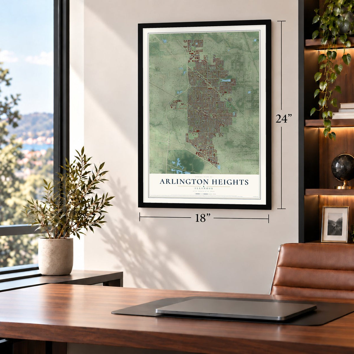 Arlington Heights, Illinois map, 18 x 24 inch print in a black frame in a home office