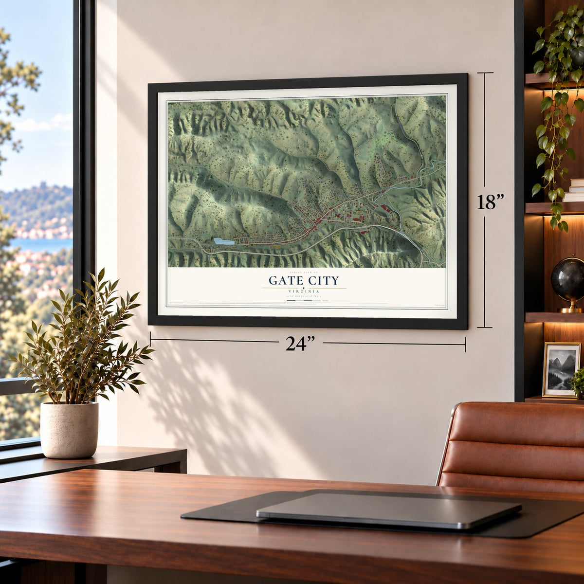 Gate City, Virginia map, 18 x 24 inch print in a black frame in a home office
