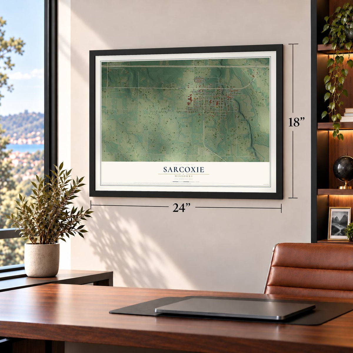Sarcoxie, Missouri map, 18 x 24 inch print in a black frame in a home office