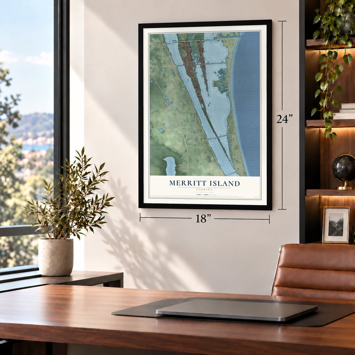 Merritt Island, Florida map, 18 x 24 inch print in a black frame in a home office