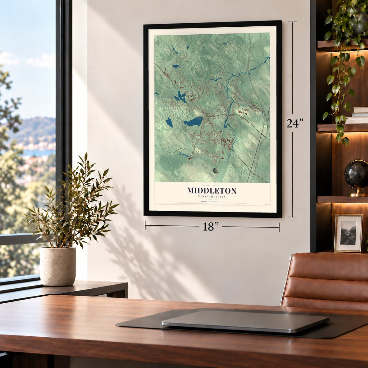 Middleton, Massachusetts map, 18 x 24 inch print in a black frame in a home office