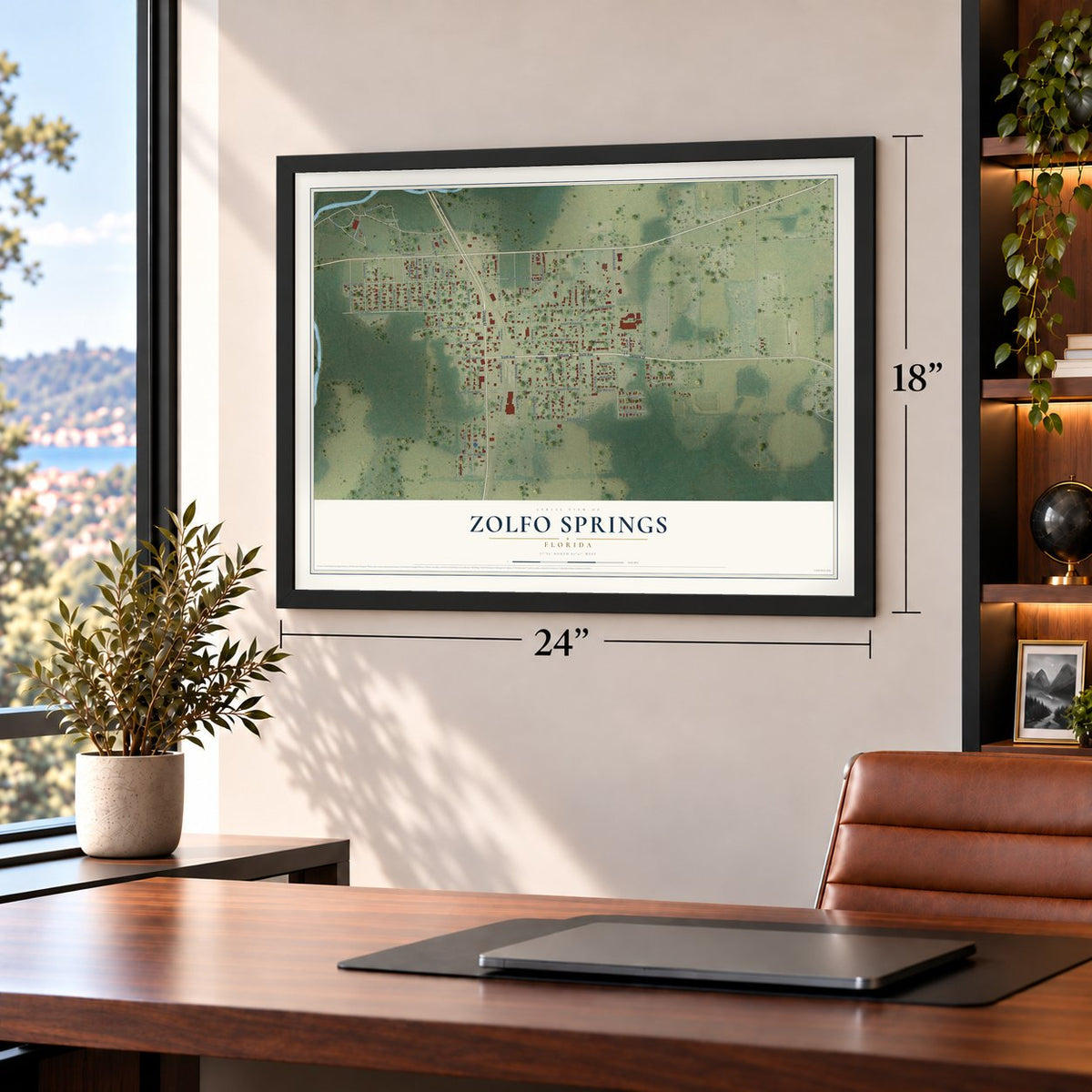Zolfo Springs, Florida map, 18 x 24 inch print in a black frame in a home office