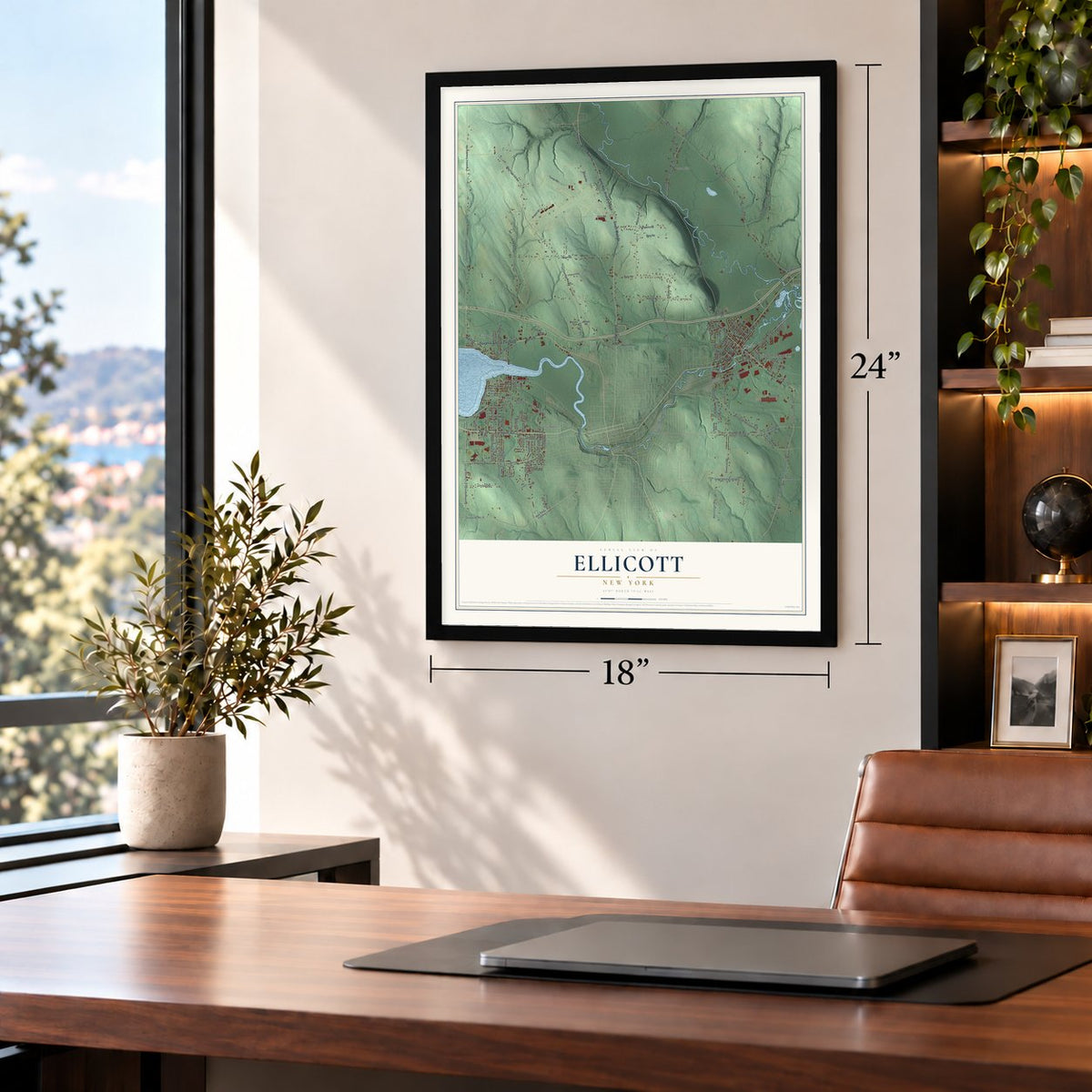 Ellicott, New York map, 18 x 24 inch print in a black frame in a home office