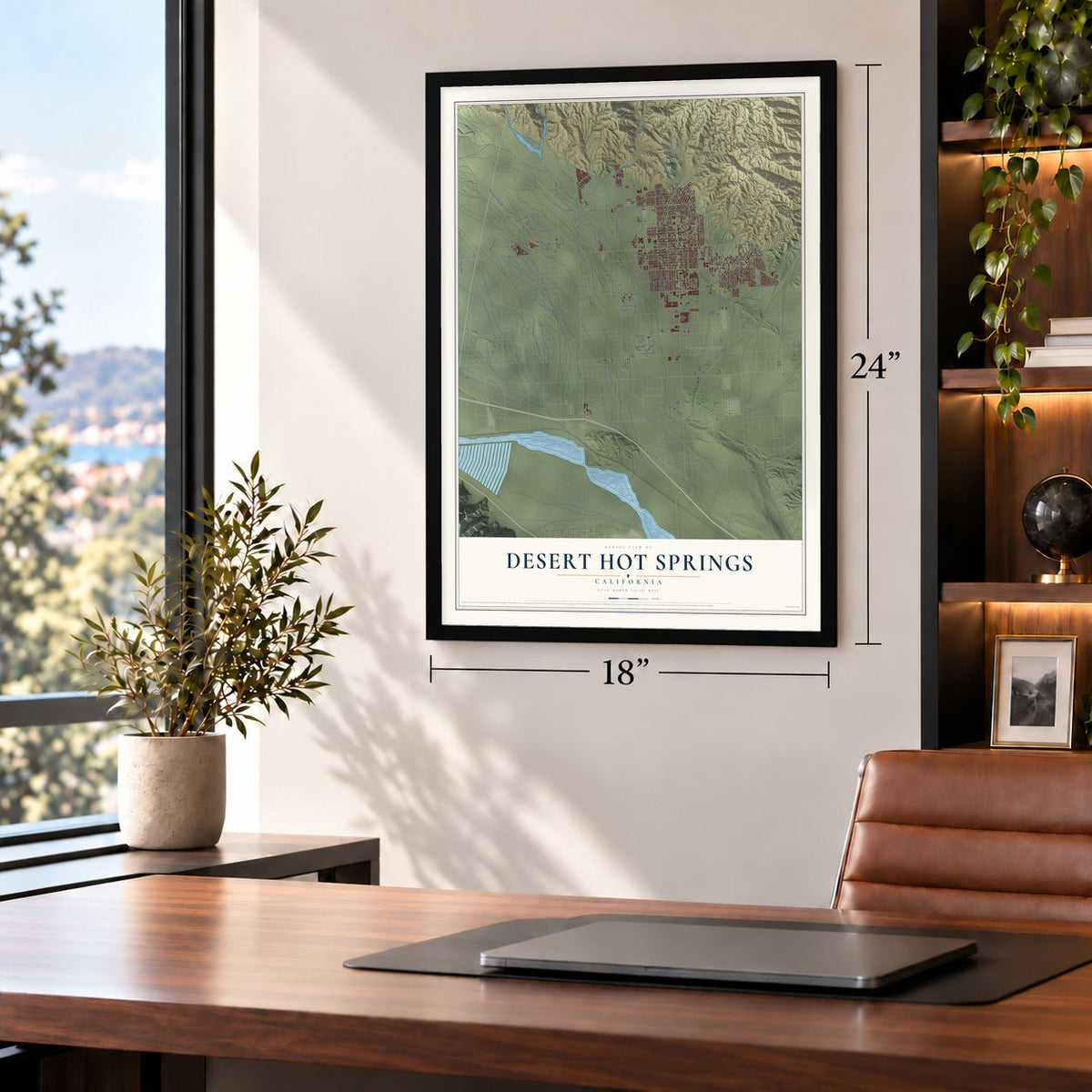 Desert Hot Springs, California map, 18 x 24 inch print in a black frame in a home office
