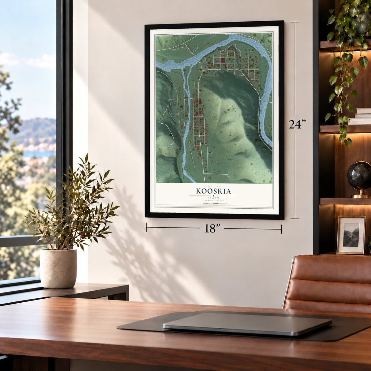 Kooskia, Idaho map, 18 x 24 inch print in a black frame in a home office
