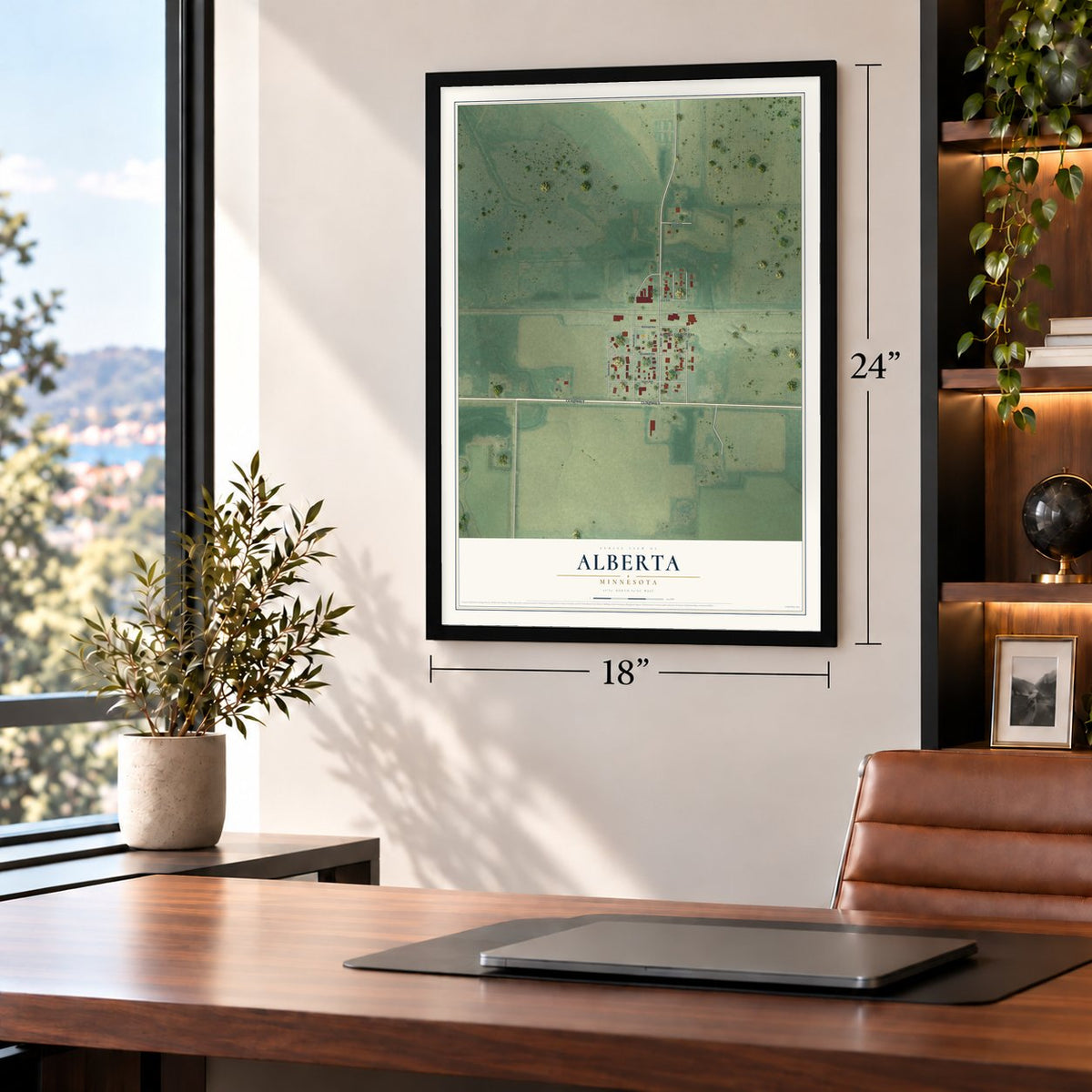 Alberta, Minnesota map, 18 x 24 inch print in a black frame in a home office