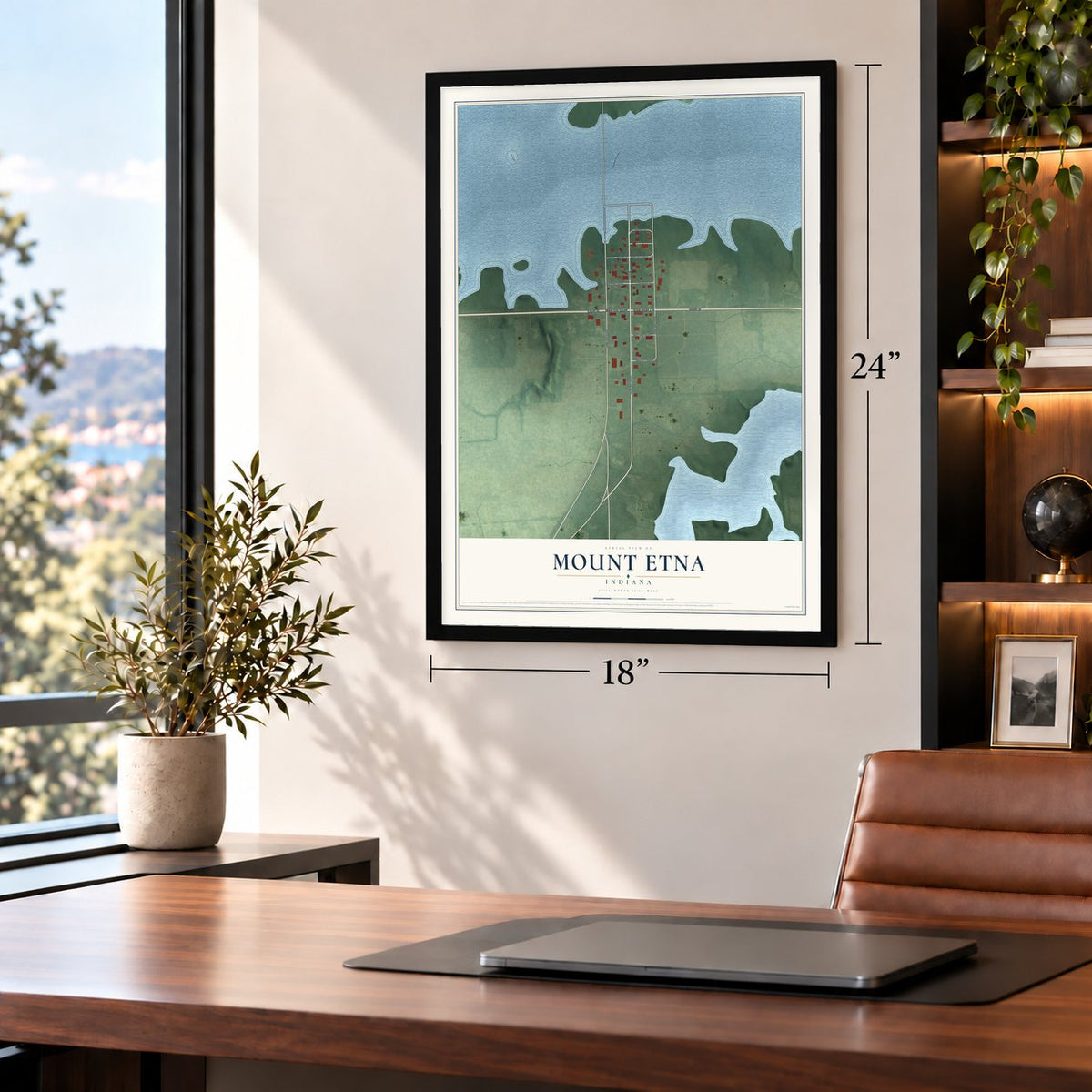Mount Etna, Indiana map, 18 x 24 inch print in a black frame in a home office