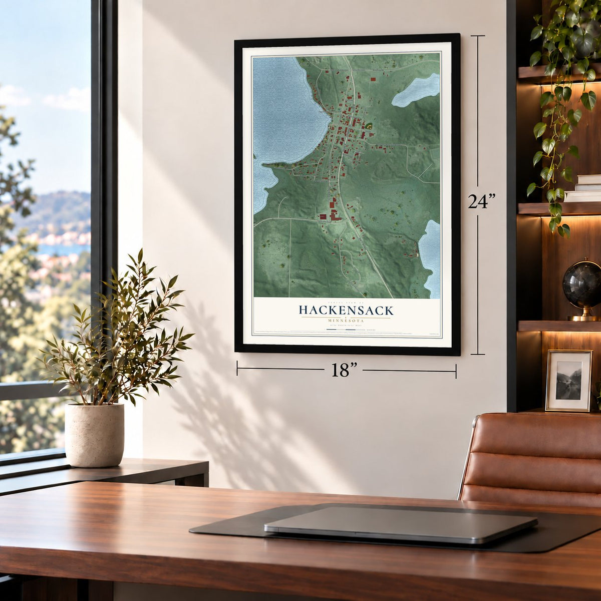 Hackensack, Minnesota map, 18 x 24 inch print in a black frame in a home office