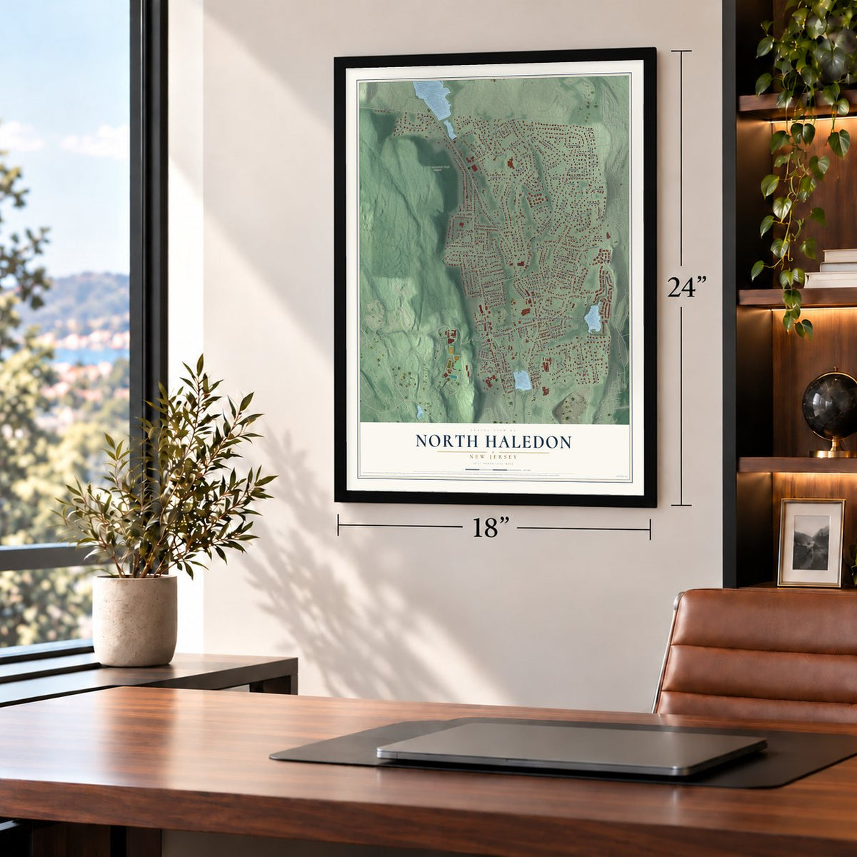 North Haledon, New Jersey map, 18 x 24 inch print in a black frame in a home office