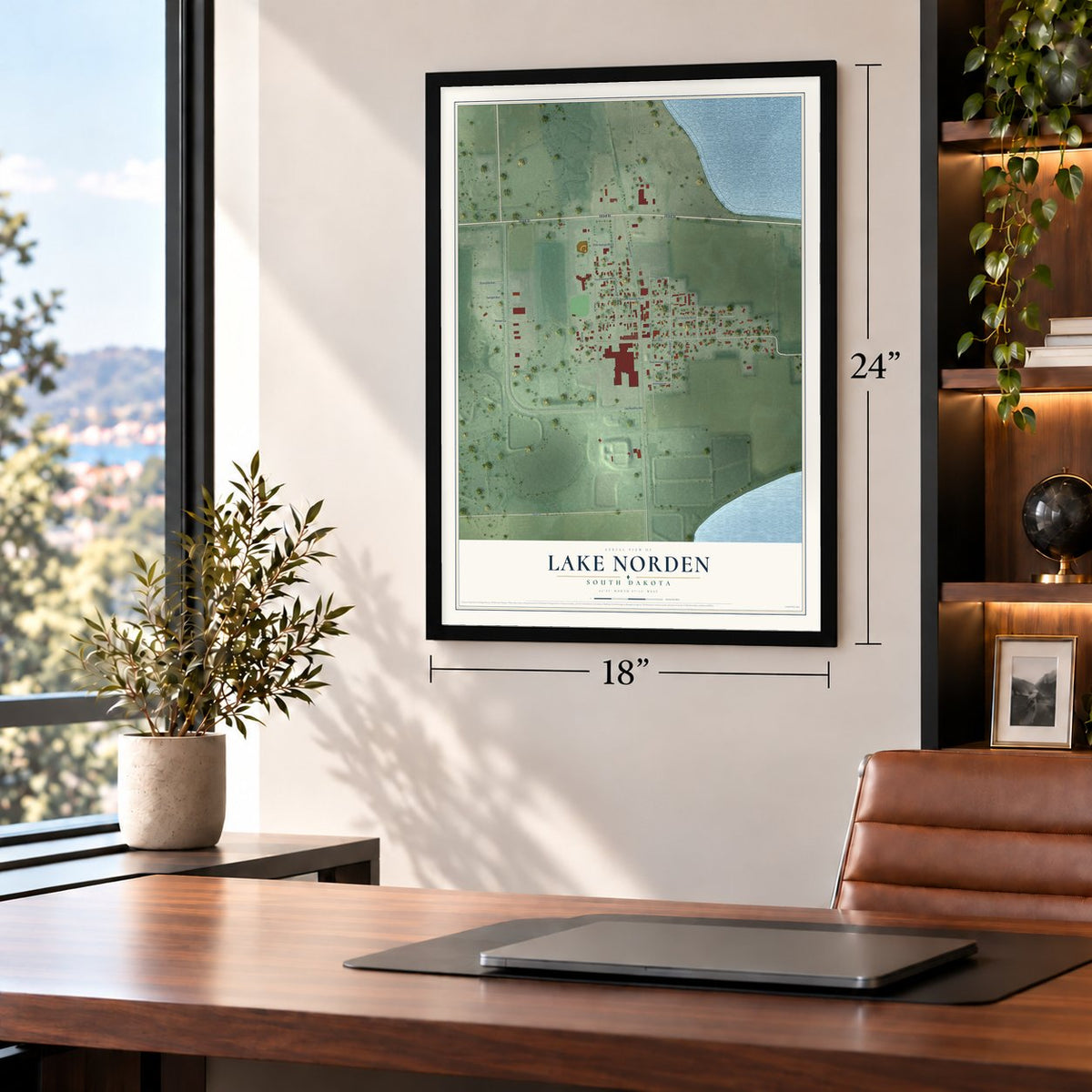 Lake Norden, South Dakota map, 18 x 24 inch print in a black frame in a home office