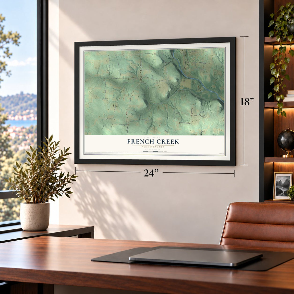 French Creek, Pennsylvania map, 18 x 24 inch print in a black frame in a home office