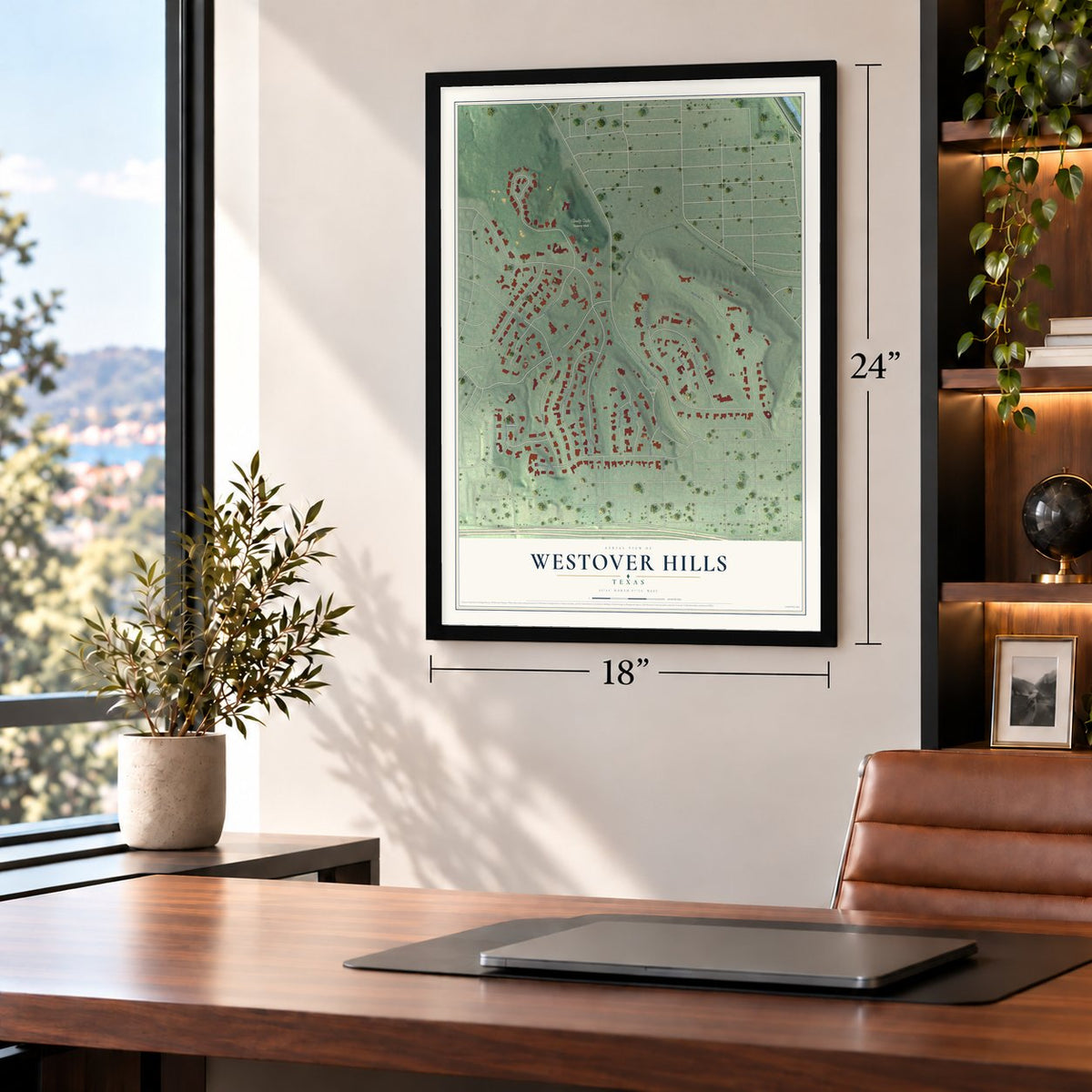 Westover Hills, Texas map, 18 x 24 inch print in a black frame in a home office
