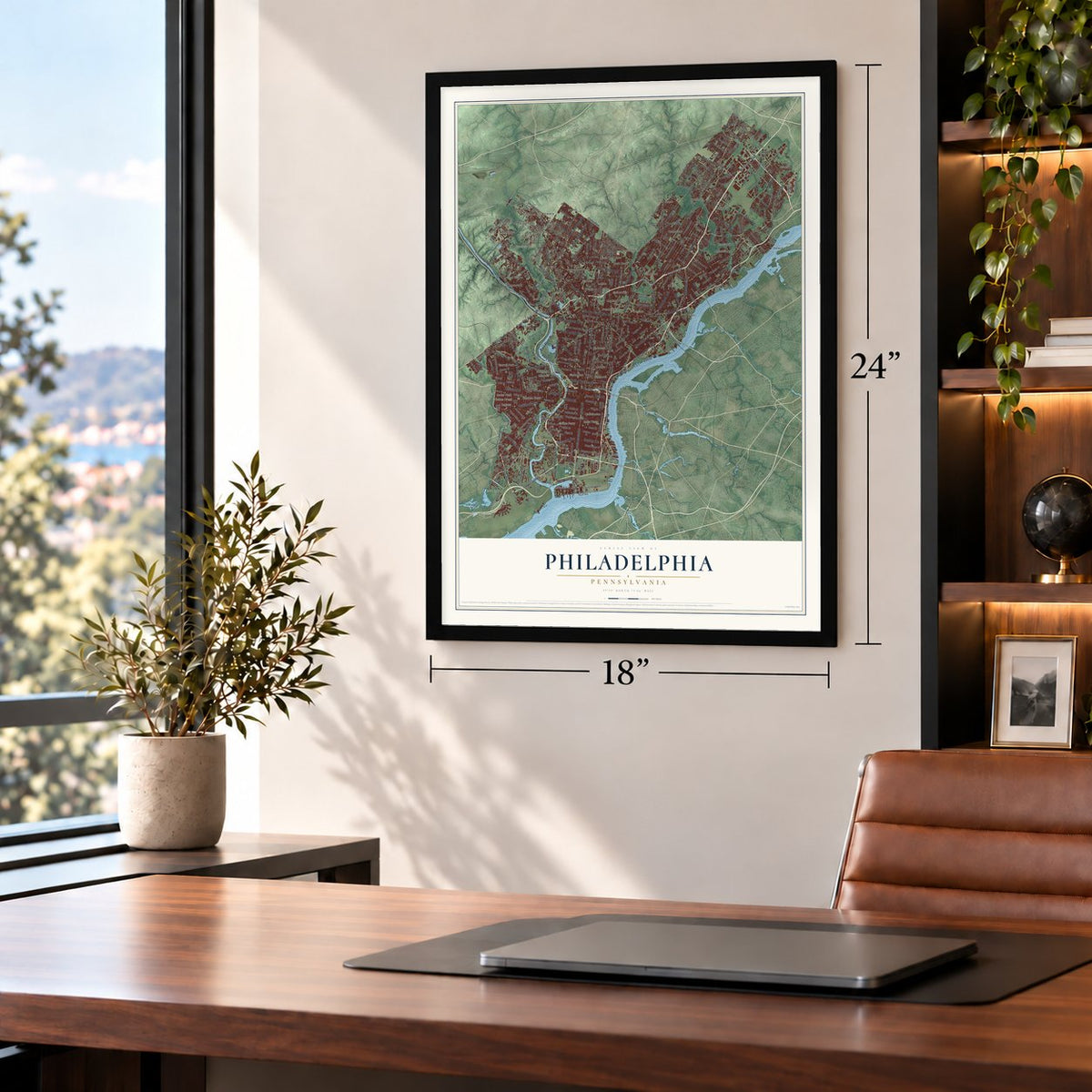 Philadelphia, Pennsylvania map, 18 x 24 inch print in a black frame in a home office