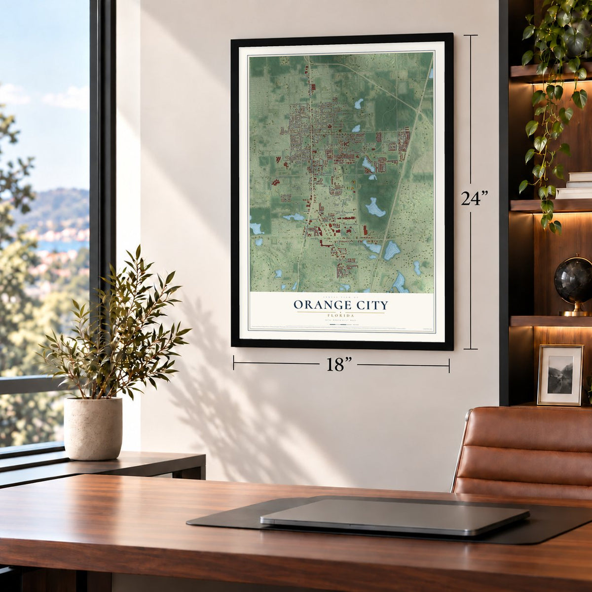 Orange City, Florida map, 18 x 24 inch print in a black frame in a home office