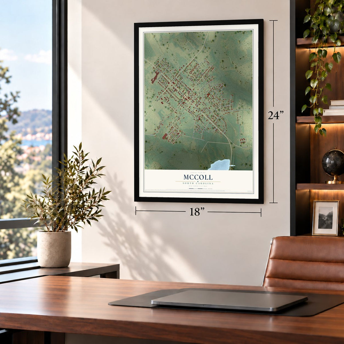 McColl, South Carolina map, 18 x 24 inch print in a black frame in a home office