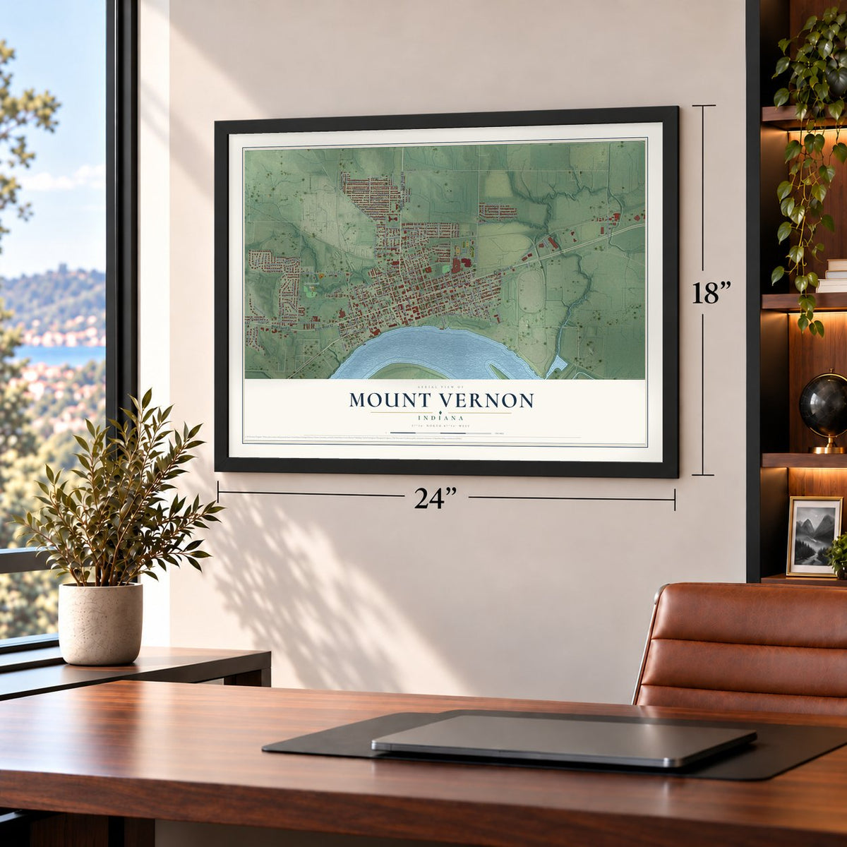 Mount Vernon, Indiana map, 18 x 24 inch print in a black frame in a home office