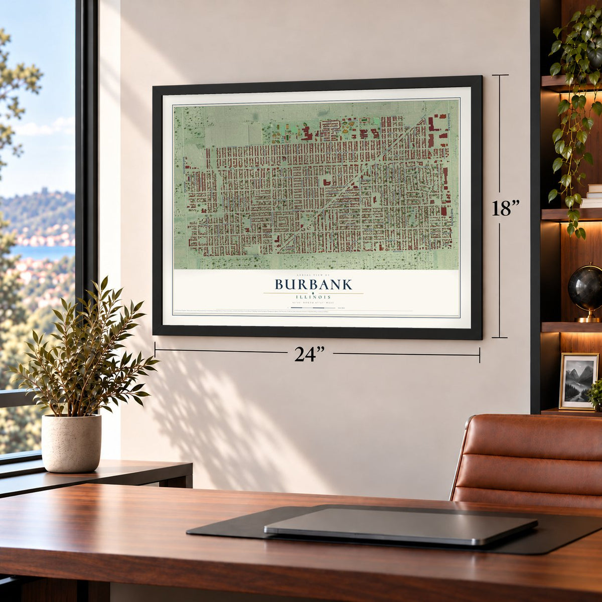 Burbank, Illinois map, 18 x 24 inch print in a black frame in a home office